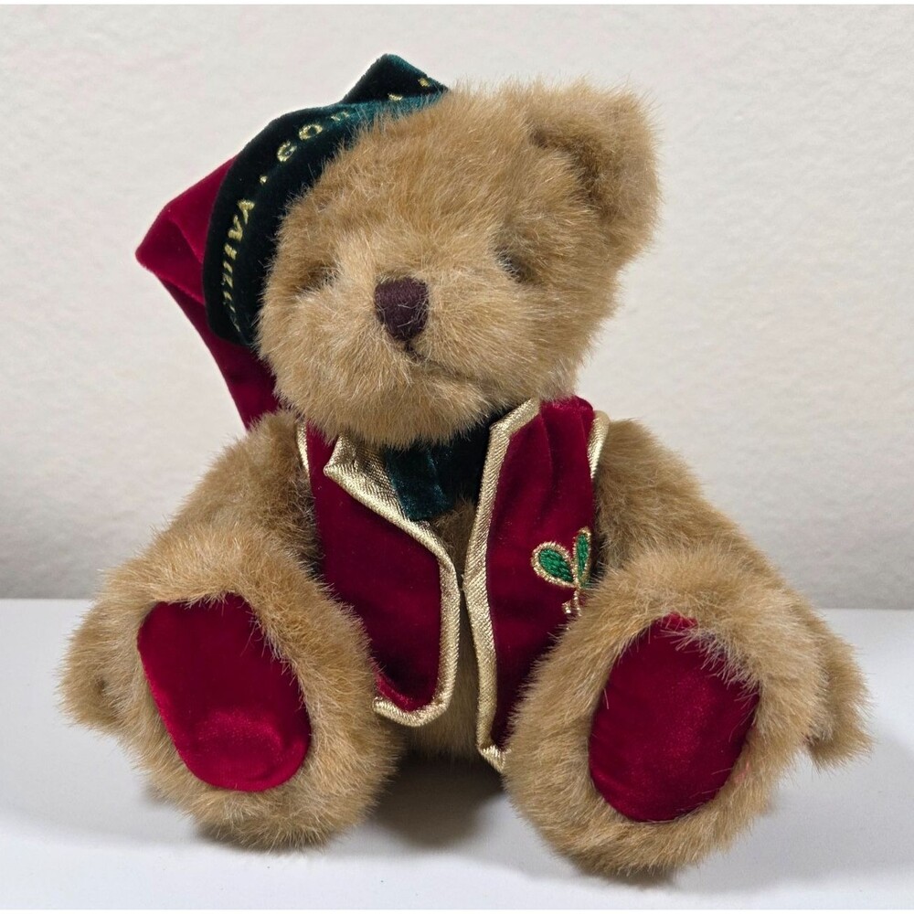 Godiva Christmas Holiday Plush Jointed Teddy Bear Red Velvet Hat Vest Paws  10"